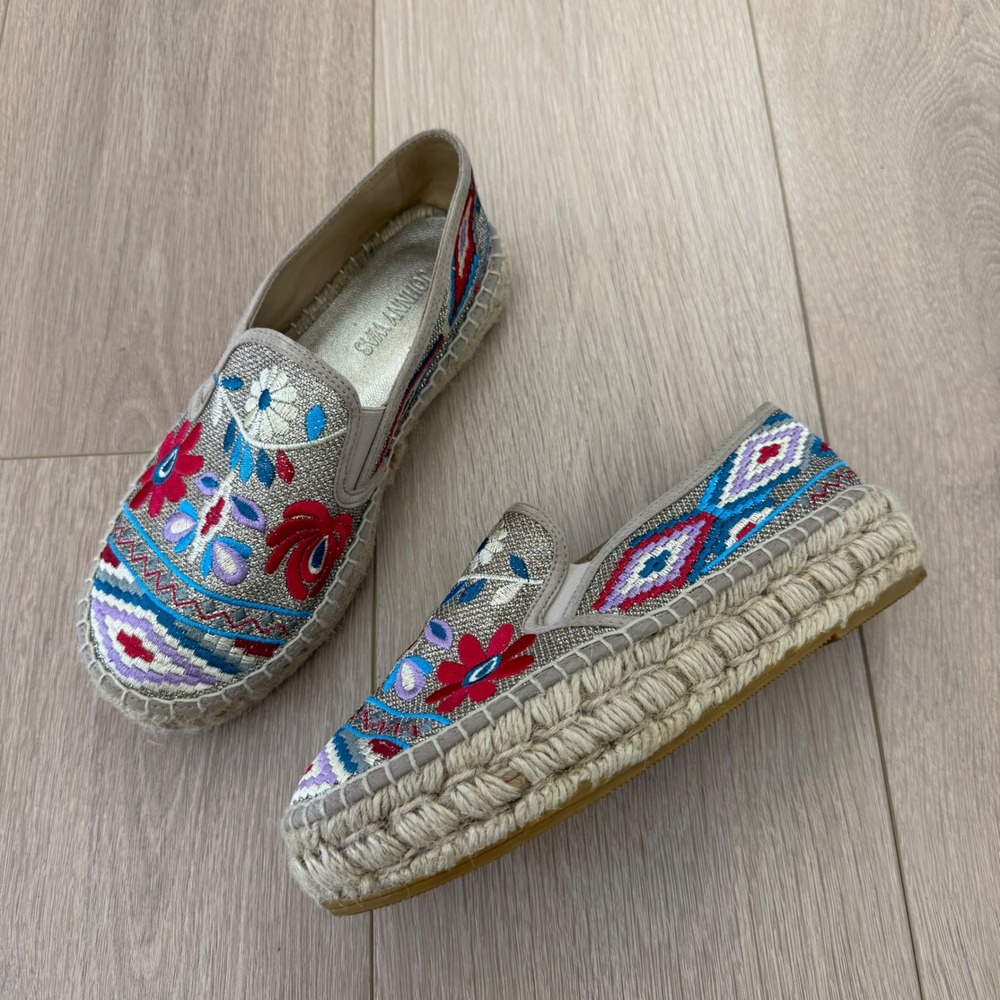 Johnny Was Embroidered Espadrille Platform Flats Metallic Floral Slip On Size 37